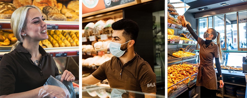 Verkäuferin und Verkäufer der Bäckerei Ihle bei der Arbeit in der Filiale