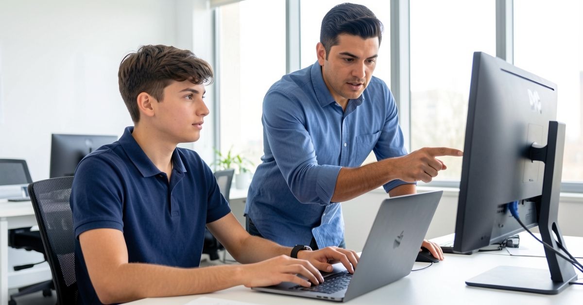 Ein Auszubildender im Alter von circa 18-20 Jahren sitzt an einem Schreibtisch mit einem Laptop, während der Ausbilder neben Ihm, ihm einige Dinge zeigt und erklärt.