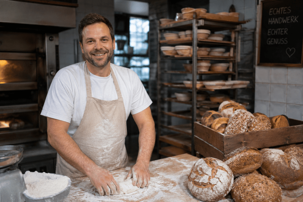 Ein Bäcker in der Backstube bei der handwerklichen Teigbearbeitung – sorgfältiges Kneten als wichtiger Schritt in der Herstellung hochwertiger Backwaren.
